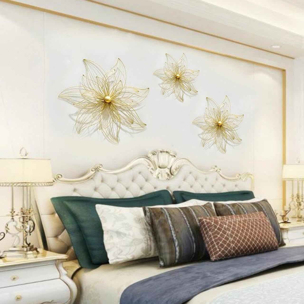 Zove Metal Set Of 3 Pieces Golden Flowers Wall Art Hanging Perfect For Home, Hotel, Restaurant, Living Room Decoration (24 X 24